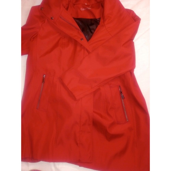 Calvin Klein 1x Red Hooded Zip Trench Coat Mid Length Zip Pockets - Picture 2 of 7